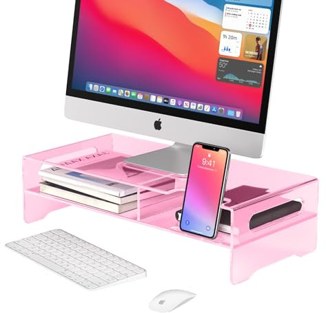 HEWYIOS Monitorständer aus Acryl, 2-stöckig, Computerständer mit Aufbewahrung, transparenter Monitorständer für den Schreibtisch, geeignet für Laptops, Drucker, Fernseher, Schreibtischorganisation,