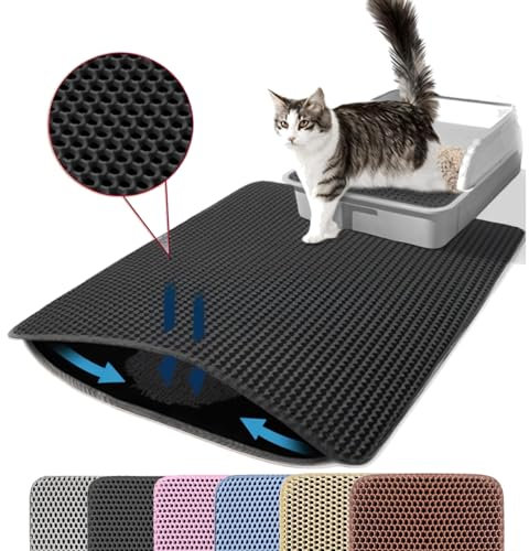 Petinstinct Katzenklo Matte, 60x45cm Große Katzenstreu Matte, Doppelschichtiger Entwurf der Bienenwabe Matte, Wasserdicht und Langlebig, Katzentoilette Unterleger, Schwarz