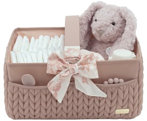 LUKJOJO Nappy Organiser Storage Caddy, Portable Nursery Storage Basket For Newborn Essentials, Baby Shower Gifts Basket For Changing Table,Registry Must-Haves for Boy or Girl,Car Diaper Caddy(Pink)