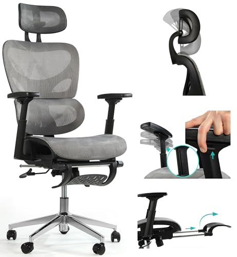 sesto senso Bürostuhl Grau mit Beinstütze Ergonomisch Schreibtischstuhl mit Lendenwirbelstütze und klappbaren Armlehnen Chefsessel Verstellbarer Kopfstütze K80G Grey