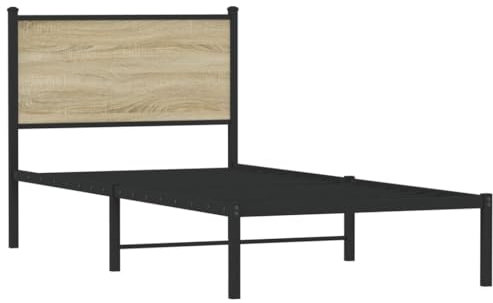 vidaXL Bettgestell, Metallbett Bett mit Kopfteil, Bettrahmen mit Lattenrost, Einzelbett für Schlafzimmer, Metall Sonoma-Eiche 75x190cm