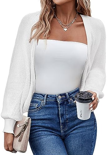 HOTOUCH Bolero Damen Festlich Kurz Strickjacke Elegant Cardigan Open Front Shrugs Langarm Leichte Jäckchen Boleros Strick Bolerojacke Schulterjacke für Kleider Casual Einfabig Weiß M