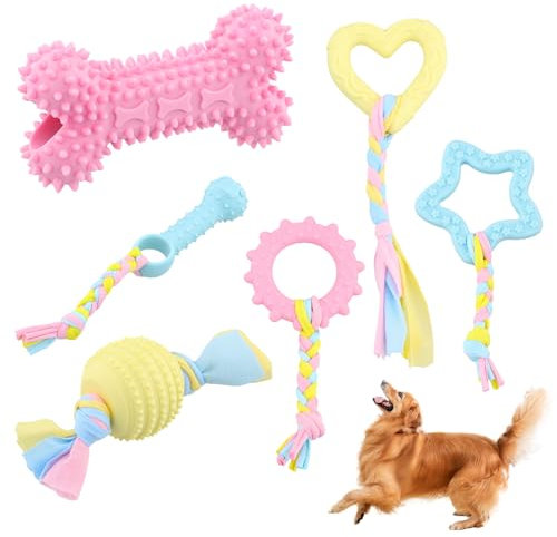 Shengxi 6 Piezas Juguetes para Perros Juguetes de Goma para Perros Juguete para Dentición del Perro Juguetes Masticables de Cachorros con Cuerdas de Algodón para Perros Pequeños y Medianos