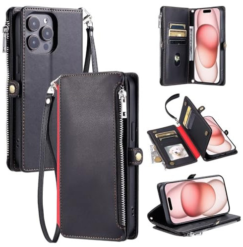 FERLAN Hülle Kompatibel mit Samsung Galaxy J330/J3 2017,Handykette Klappbar Case,PU Leder Schutzhülle mit 8 Kartenfach,Anti-Fall Schutzhülle mit Schulterriemen-Schwarz