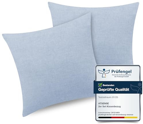 ATsense 2er Set Kissenbezug 40x40 cm - 100% Gewaschene Baumwolle, Himmel Blau Kopfkissenbezug mit Reißverschluss, Oeko-TEX Zertifiziert Weich, Nicht Lleicht Verformbar