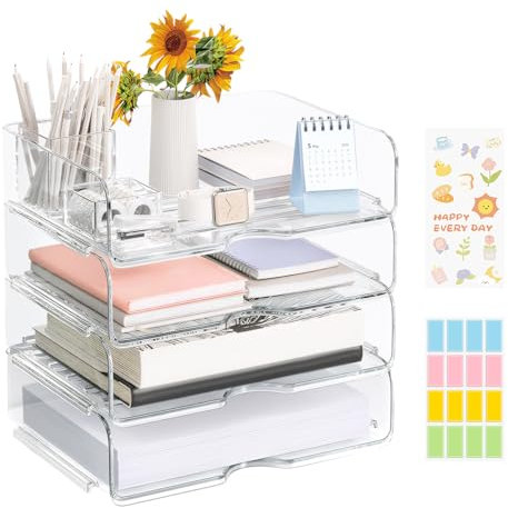 4 Pcs Ablagefächer Stapelbar, Clear Dokumentenablage aus Kunststoff, A4 Papierablage mit Etikett und Aufkleber, Schreibtisch Organizer briefablage für Büro,Schule Akten Papierordner Dokumente