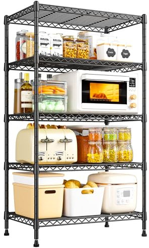 REIBII 5 Tier Shelf Storage Unit, 150KG Load Metal Shelving Unit，159 Tall Heavy Duty Height Adjustable Standing Storage Rack Shelves and Adjustable Feet, Corner Wire Shelf Kitchen Organizer for Pantry