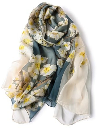 STORY OF SHANGHAI Women's Mulberry Flower Print Large Silk Shawl Scarf Wraps 68 * 43 Inches,Pale Yellow Pear Blossoms