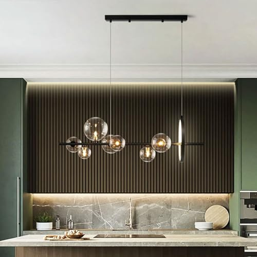 Moddeny Boule de Verre Moderne Suspension Lustre de Salle à Manger LED 7 lumières/10 lumières Lampe Suspendue Industrielle Noire réglable pour Chambre à Coucher Salon îlot de Cuisine (Base G9)
