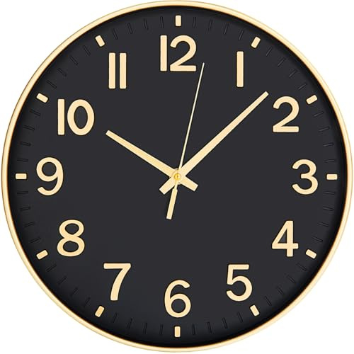 HZDHCLH 30cm Lautlos Wanduhr ohne Ticken Schleichende Sekunde mit Arabisch Ziffer für Büro, Klassenzimmer, Zuhause, Wohnzimmer, Schlafzimmer(Schwarzes Gold,30CM)