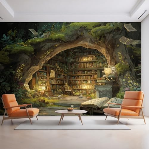 Fantasy Library Wallpaper for Living Room, Bookshelf Tree House Wall Mural for Bedroom 200x140 cm, Non-Woven Photo Wallpaper, Home Decor D&O29
