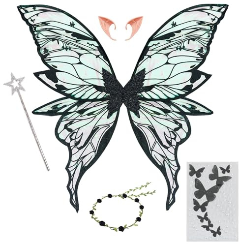 HuaMuDM Ailes de Fée,Ailes de Princesse,Baguettes de Fée Étoile | Ailes de Papillon avec Oreilles d'Elfe,Ailes de Princesse,Costume d'Aile pour Carnaval ou Soirées