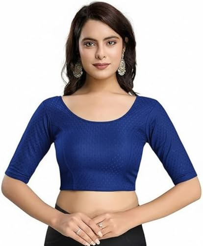 Accessorize Kingdom Women's Dobby Pure Cotton Elastin Stretchable Readymade Round Neck Elbow Length Sleeves Blouse Choli Stylish Saree Blouse (Royal Blue, 38-42)