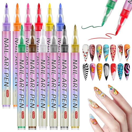 12 Colors Nail Art Pens Set, Nail Art Markers Polish Pens for 3D Nail Art, DIY Nail Art Kit for Real Nails, Premium Quick-Drying Formula Resistant to Flaking for Women Girls