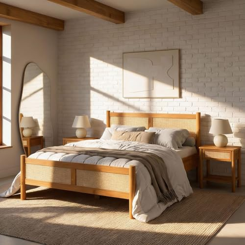 IDIMEX Massivholzbett CEFIRA 140x190 cm mit Rattangeflecht, Eiche Finish - Doppelbett aus massivem Kiefernholz, stabiles Holzbett im Boho-Stil