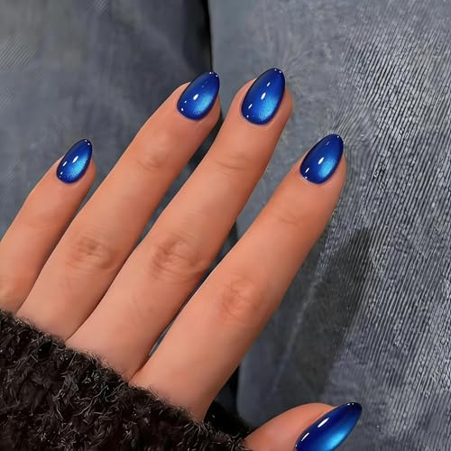 SXVME Cat Eye Press on Nails Short Oval, Vibrant Royal Blue False Nails Short Almond, Sparkly Glitter Fake Nails Set, Reusable Small Bling Stick on Nail for Women Party Holiday, 24 Pcs