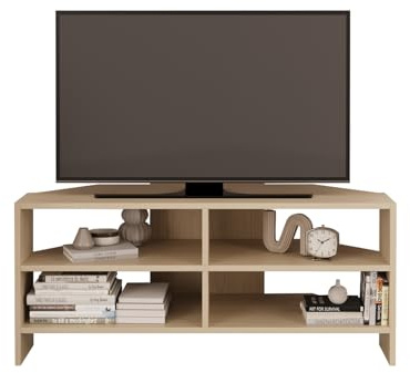 Bimossa Roy Corner TV Stand – Space-Saving TV Unit for 43–48'' TVs, Compact Media Console with Open Shelves & Cabinet, Ready to Assemble, (Light Oak)