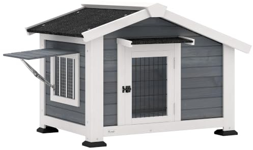 PawHut Außen-Holzhundehaus mit herausnehmbarem Boden grau | Erhöhter Gartenschutz, Türvordach, wasserdichtes Dach, zu öffnendes Fenster, für mittelgroße/kleine Hunde & Katzen