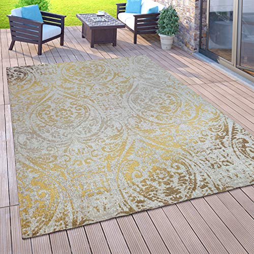 Paco Home Outdoor Teppich Balkon Terrasse Vintage Küchenteppich Orient Muster Rauten Ethno, Grösse:200x280 cm, Farbe:Gelb