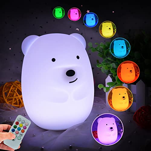 Glinrui Bär Nachtlicht für Kinder - 9 Farben Nachttischlampe Kinderzimmerlampe Tragbare Silikon Nachtlampe Raumdekoration - Zeiteinstellung/Lichtintensität Einstellbar - Mittel