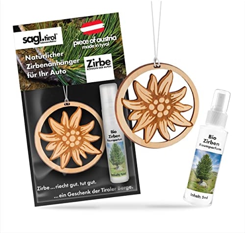 sagl.tirol Auto Duft aus Zirben Holz [100% Bio] inkl. Zirben Raum Parfüm 5ml I verschiedene Motive I natürlicher Auto Duftbaum I Auto Duft Innenraum I Auto Lufterfrischer I Autoduft I Edelweiß