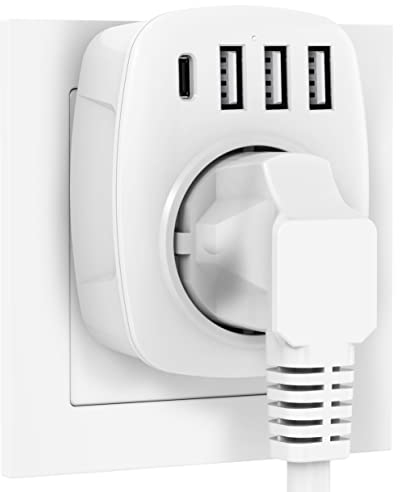 Gogotool Steckdose Mit 3 USB Ladegerät (2.4A) Und 1 Typ-C Port (3A), 5-in-1 Steckdosenadapter, Wand Adapter für Haushaltsgerät, Smartphone, Mp3, PC (Weiß)
