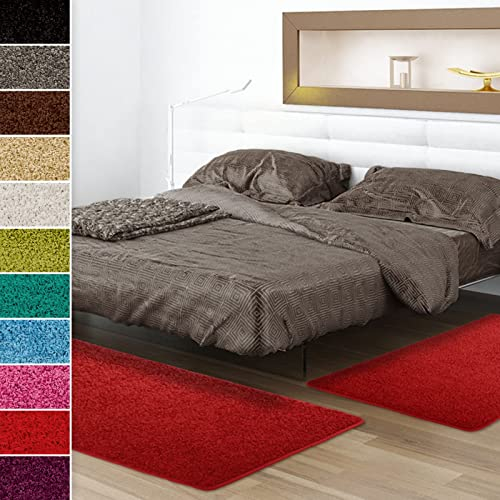 Shaggy-Bettumrandung Sphinx - 3-teiliges Läufer-Set für das Schlafzimmer - Hochflor Bettvorleger in vielen Farben (B: 67 cm | L: 1 x 240 cm + 2 x 140 cm, Rot)