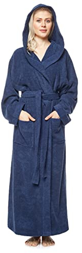 Arus Damenbademantel mit Kapuze, knöchellang, Baumwolle, L-XL Lang, Marine