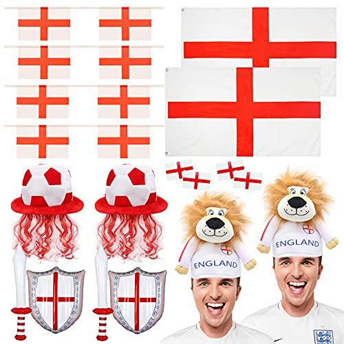 England Football Fancy Dress Party Pack - 14 Piece English Football Supporters Bundle - St Georges Flags, Rayon Bunting, Inflatable Swords & Shields, England Tattoos, Football Hats & Lion Hats