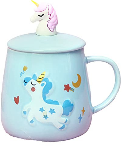 Mug licorne avec couvercle et cuillère 3D en céramique mignonne tasse à café thé tasse à café ensemble tasse cadeau d'anniversaire pour femme amie amoureux (Bleu 3D, 400 ml)
