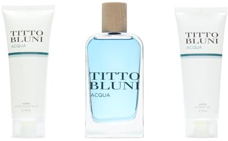 TITTO BLUNI - Aqua Uomo, Estuche Regalo de Hombre, Pack 3 Piezas (Perfume 75 ml + After Shave 75 ml + Gel de Baño 75 ml)