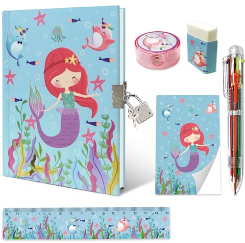 Journal Intime Fille Secret, Ensemble de Papeterie Enfant Comprend Sirène Carnet Secret Fille avec Cadenas Bloc-notes Gomme Taille-crayon Règle & 6 Couleur Stylo Cahier Secret Cadeau Fille 6-10 Ans