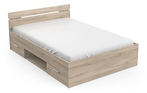 Demeyere Lit Double pour Adulte Michigan 140 X 200 cm 2 Tiroirs / 1 Niche - Style Industriel - Fabriqué en France – Modulable & Fonctionnel, Chene Kronberg