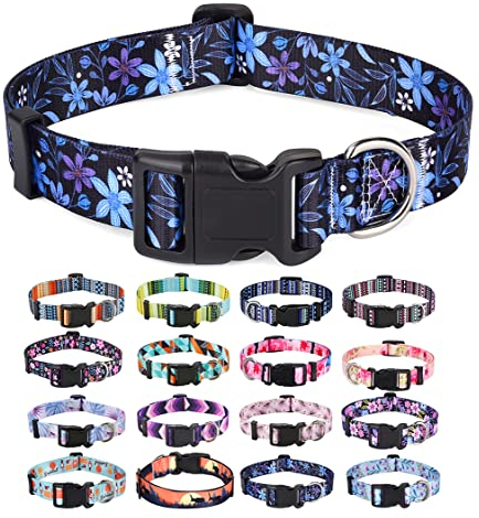 Mihqy Hundehalsband, Verstellbares, Weich & Komfort Hunde Halsband, Böhmisches, Blumen, geometrisches, Stammes Design, für Kleine, Mittlere und Große Hunde(Blumen Blau,S)