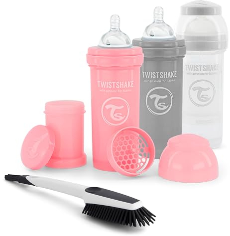 Twistshake Easy Choice Anti-Cólicos Kit de Biberones, 4 st - 3x Bebés Biberón Anti-Cólicos con Tetina Medio, 1x Cepillo de Limpieza, 2 Meses, Chica, 78965