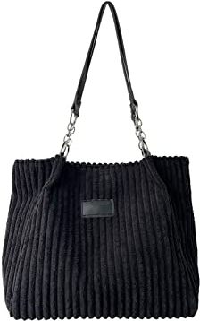 Ulisty Femmes Velours côtelé Cabas Décontracté Sac Tote fourre-tout Quotidien Sacs portés épaule Sac de courses mode Sac à main noir