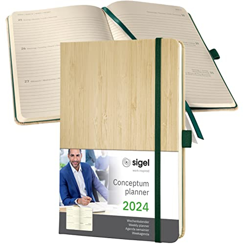 SIGEL C2474 Terminplaner Wochenkalender 2024, ca. A5, echtes Bambuscover, Hardcover, 192 Seiten, Gummiband, Stiftschlaufe, Archivtasche, PEFC-zertifiziert, Conceptum