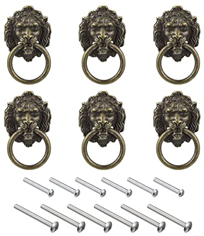 sourcing map 6 Stück Löwen Schublade Ziehen 1.57x1.97 Löwenkopf Zieht Knauf Ring Schublade Ziehen mit Schrauben für Kommode Kleiderschrank Küchenschrank Bronze