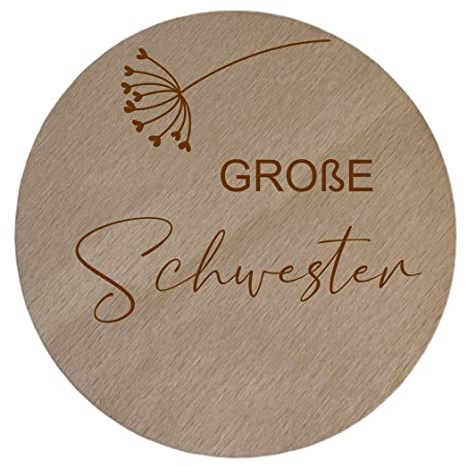 Holzschild Meilenstein 'Große Schwester' Schwangerschaftsverkündung | Runde Meilensteinkarte aus Holz für Mädchen | Holzscheibe Schwester Kind mit Geschenksäckchen