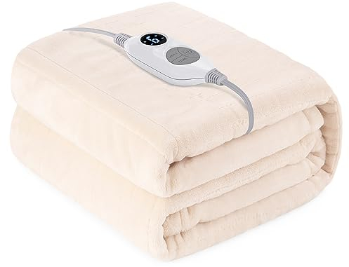 Warmrest Electric Blanket Heated Throw Blanket 𝟏𝟑𝟎𝐱𝟏𝟔𝟎𝐜𝐦 Soft Flannel, 6 Heat Levels Fast Heating, 1 to 10 Hours Auto-Off Detachable Controller Machine Washable 𝐁𝐞𝐢𝐠𝐞 Blanket for Sofa