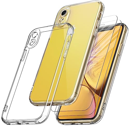 Qasyfanc Handyhülle Kompatibel mit iPhone XR, Hülle mit Kameraschutz und 2 Stück Schutzfolie, Hard PC Nie Vergilbung Case Transparent Militärschutz Kratzfest Fallschutz Schutzhülle, Klar