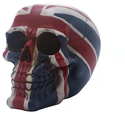 PEIQICHU Schädel Knochen Realistische Kopf Skulpturen Britische Flagge Malerei Alter Modell für Gothic Halloween Party Dekoration Mexikanische Tag der Toten Requisiten Schreibtisch Ornament Harz