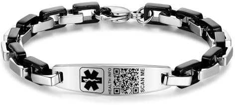 Theluckytag Verbessertes medizinisches Armband für Männer und Frauen mit QR-Code, medizinische Notfall-ID-Armbänder – Titan-Stahl-Armband passt Handgelenken von 20,3 - 25,4 cm – mehr Platz