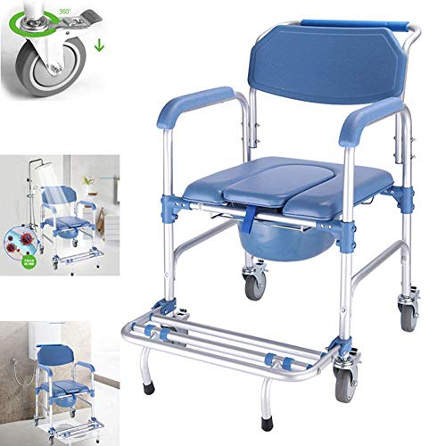 Suuim Toilettenstuhl, Toilettenstuhl, 4-in-1-Toilettenstuhl/mit rollbarem Toilettenstuhl/Rollstuhl-Duschtransportstuhl/Badezimmer-Badehocker, 4 Radbremsen (360°).