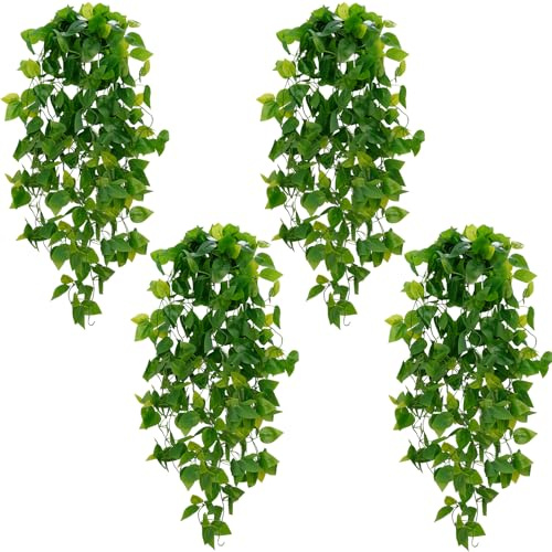 BLEUM CADE Fake Hanging Plants, 4pcs Artificial Pothos Vines Greenery for Wall Home Living Room Office Indoor Outdoor Decor (No Baskets)