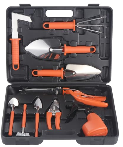 eROOSY 10 Pzs Herramientas de Jardinería Kit, 10 Piezas de Herramientas de Mano de jardinería de Acero Inoxidable con Maleta, Regalos de jardinería para entusiastas de la jardinería, Naranja