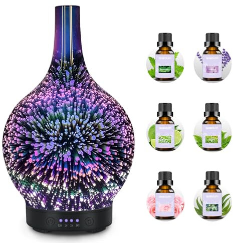 Diffuseur d'huiles essentielles avec 6x10ml Set d'huiles Essentielles Diffuseur d'air électrique Humidificateur pour huiles essentielles Diffuseur d'arôme à ultrasons 120 ML Arrêt Automatique