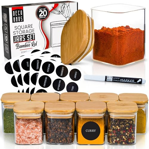 Deco haus® Lot de 20 pots à épices carrés avec étiquettes à épices - Lot de 20 pots à épices avec couvercle en bois pour vos épices - Boîtes à épices