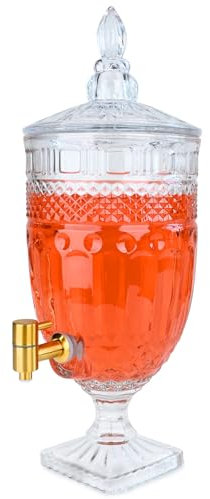 1.3 Glass Drink Dispensers For Parties Glass Beverage Dispenser with Spigot for Party Bar Wedding Crystal Collection Dispenser Wide Mouth with Lid Iced Beverage Dispensers (1.3gal Glass relief)