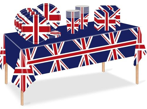 53pcs Union Jack Tableware Paper Cups,7inch Plates,Napkins,Great British Table Cloth Party Table Decorations Set Union Jack UK Tablecover Plates Cups Paper Napkins Dinnerware Sport Event Game Street